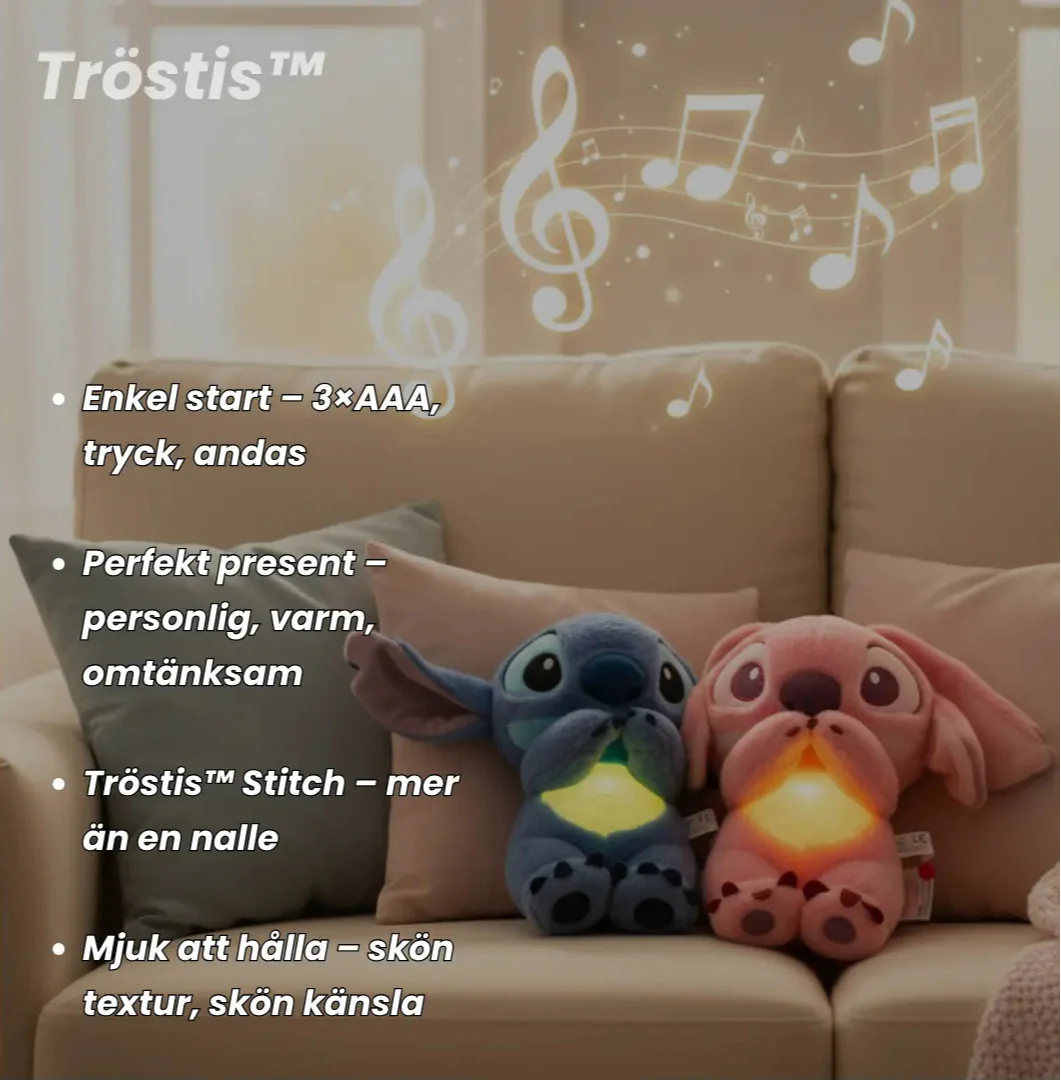 Tröstis® - Din Lugnande Stitch Dämpar stress och ångest med dess unika andingsteknologi och lugnade hjärtrytm.
