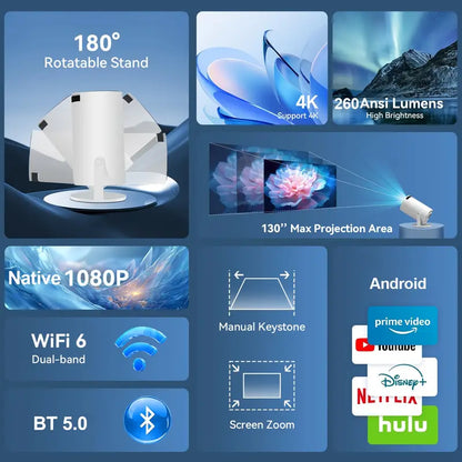 Smart Projektor 4K, WiFi & Bluetooth - Upp till 130” bioupplevelse